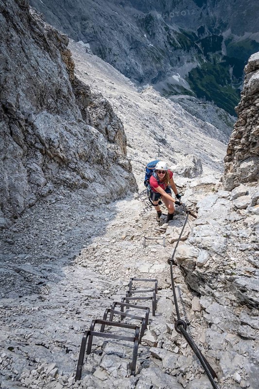 Climber on the Alpspitz via ferrata, via ferrata in the Wetterstein mountains, Bavaria, Germany