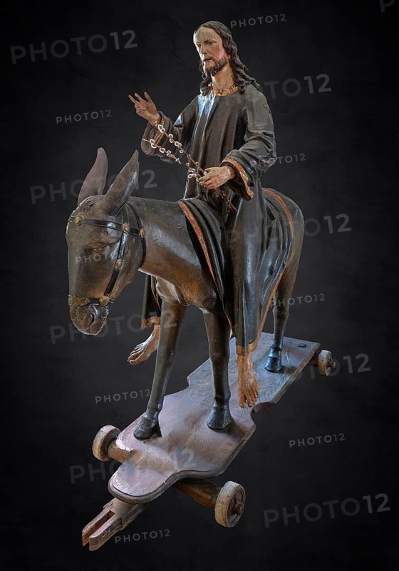 Christ on the palm donkey on a black background, wooden figure from around 1880, Dominican convent in Wettenhausen, Swabia, Bavaria, Germany