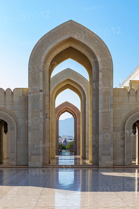 Arched gates of the Sultan Qaboos Mosque, Muscat, Arabian Peninsula, Sultanate of Oman
