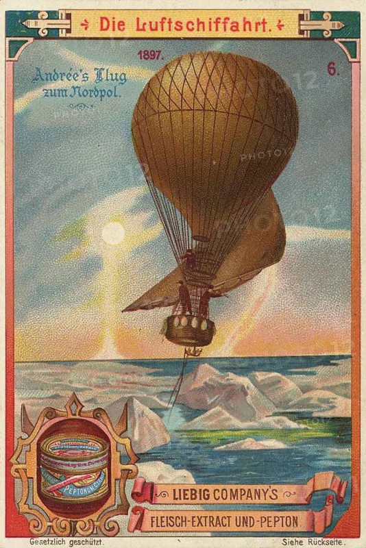 Series Die Luftschiffahrt, Luftschifffahrt, Andree's flight to the North Pole, 1897, Liebig picture, digitally restored reproduction of a collection picture from ca 1900, public domain, exact date unknown, Andrée's flight to the North Pole in 1897, balloon over icebergs in an evening mood