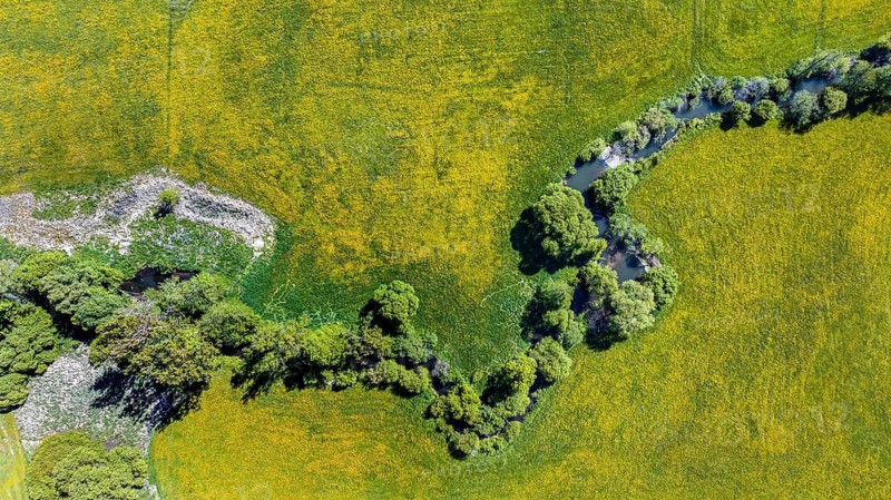 Natural monument on the Rot. Aerial view. The stream meanders through the spring landscape near Wielandsweiler, a district of Schwäbisch Hall, Baden-Württemberg, Germany