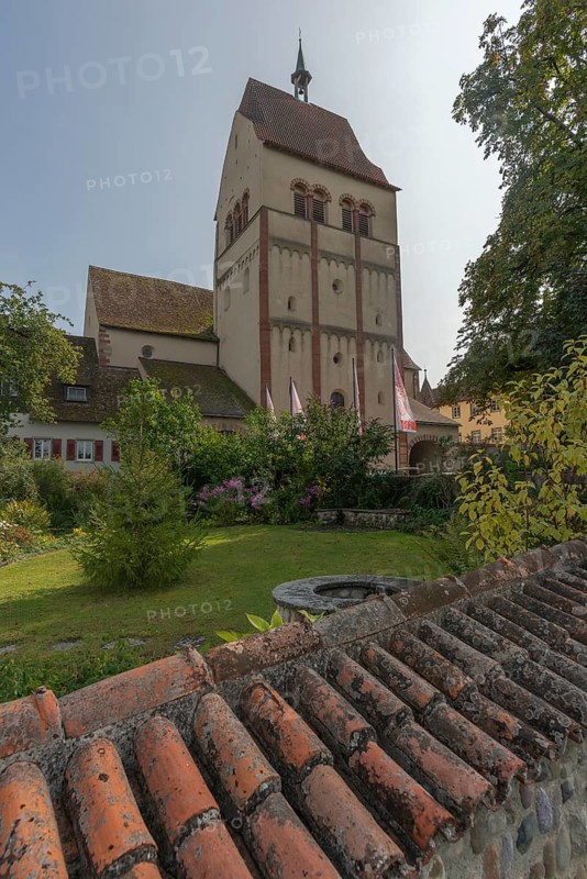 Mittelzell, Reichenau Island, Lake Constance, Cathedral of St Mary and St Mark, garden, stone wall, Baden-Württemberg, Germany
