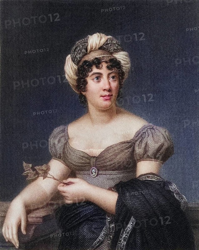 Germaine de Stael (1766-1817) French writer, novelist, intellectual and political propagandist. Daughter of the banker Jacques Necker. Engraving after the portrait by Francois Gerard. From The Gallery of Portraits, Volume VI, by Charles Knight, London, ca. 1834, Historic, digitally restored reproduction from a 19th century original, Record date not stated