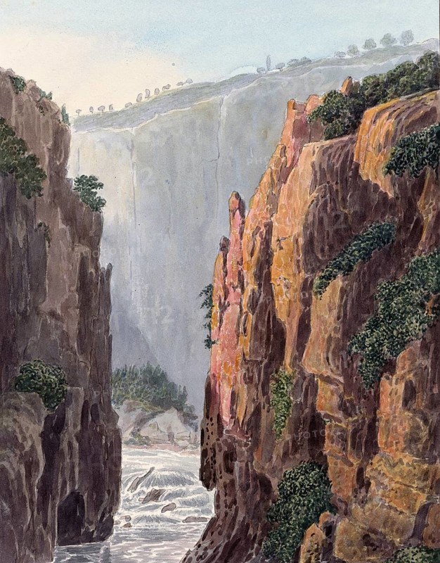 Gorge and rapids of the river Turia, Chulilla, Valencia, Spain, digital reproduction of a painting by Charles Hamilton Smith (1776-1859), historical