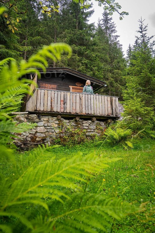 A hut in the forest, surrounded by green ferns. A person stands on the veranda and enjoys nature, Stilluptal, Zillertal. Austria