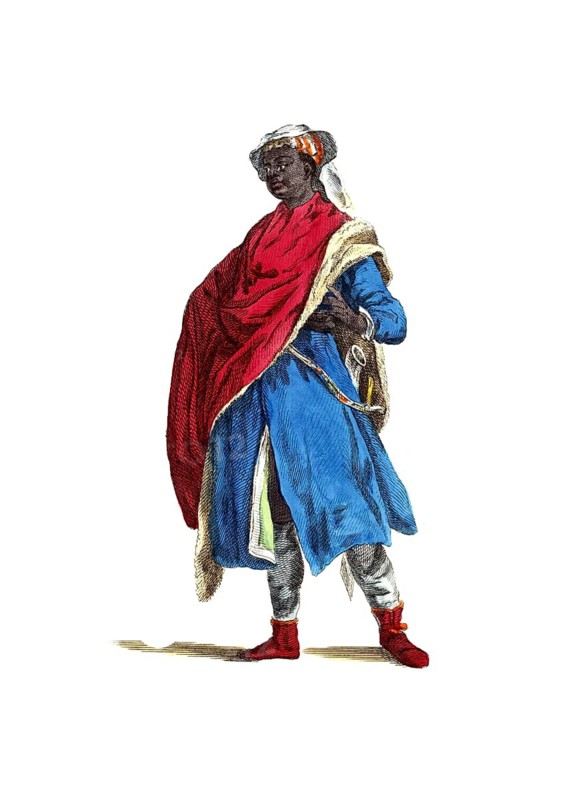 Historical clothing, fashion over time, traditional costume of an Arab Moor in the 18th century, digitally restored reproduction of a model from the 18th/19th century, exact date unknown, man in traditional clothing with red cloak and blue robe