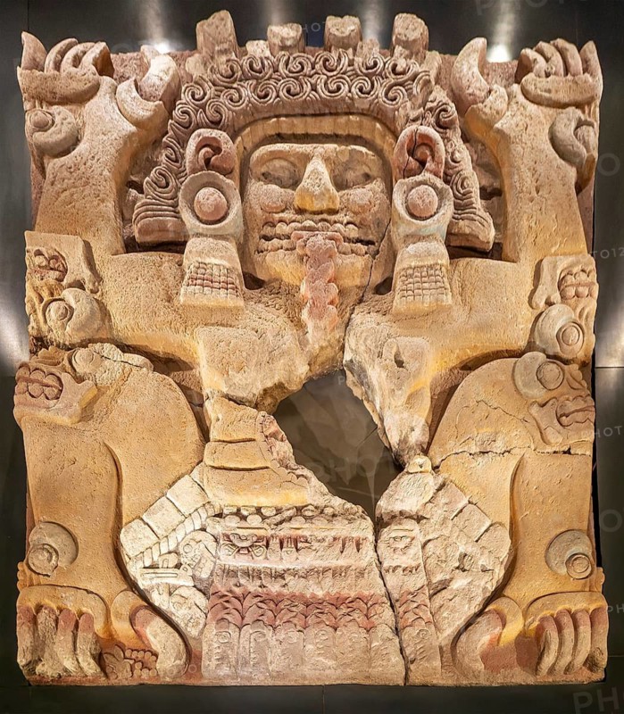 Archaeological site and museum of Templo Mayor, Mexico City, Mexico Monolith relief figure of Tlaltecuhtli, female Earth Lord goddess, museum of Templo Mayor, Mexico City, Mexico