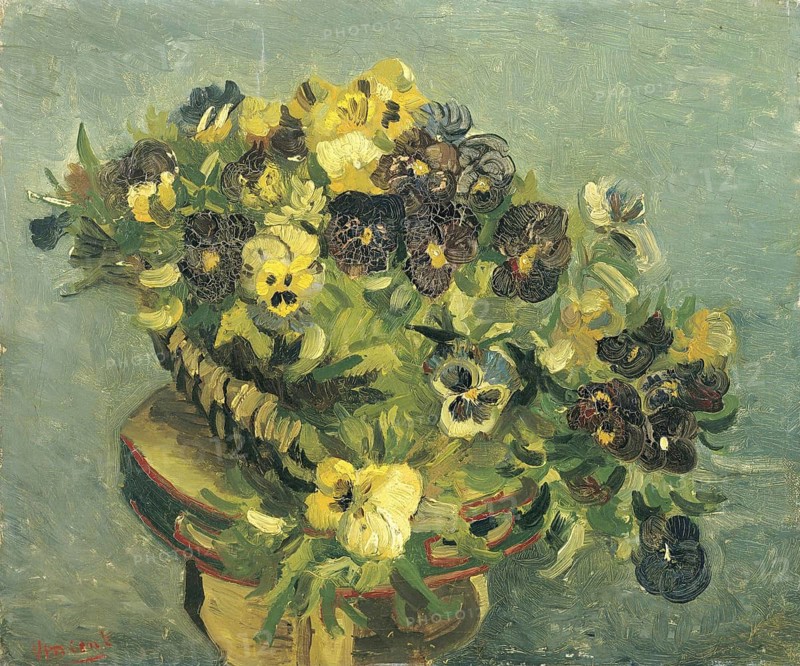 Basket of pansies on a small table (1887), Basket with pansies on a small table (1887), Painting by Vincent Willem van Gogh (born 30 March 1853 in Groot-Zundert, died 29 July 1890 in Auvers-sur-Oise), Dutch painter and draughtsman, one of the founders of modern painting, Illustration, Reproduction from a painting. Authentic, exact date of the original unknown, Historical, Pansy flower arrangement in a basket, strong colours, intense textures