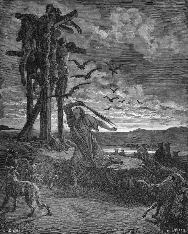 Rispa or Respha protects the bodies of the executed, Second Book of Samuel, chapter 21, verse 10 Bible, Old Testament, story, death, execution, hanging, corpses, Gibeonites, sons, birds, wild animals, crosses, crucifixion, keeping watch, rain, autumn, mountains, scare away, historical illustration based on Gustave Doré around 1880