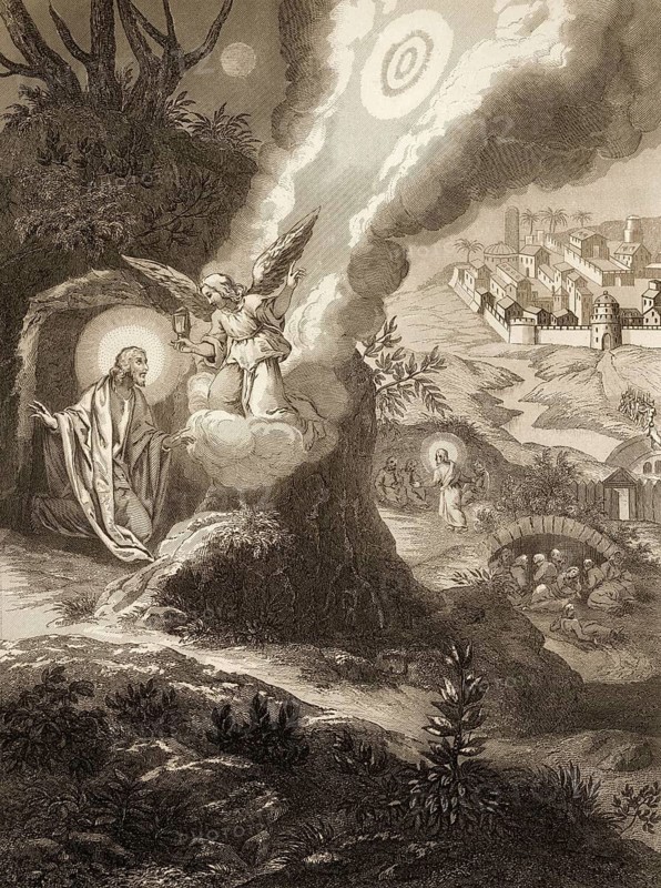 The Agony in the Garden of Gethsemane, New Testament, steel engraving 1853, digitally restored