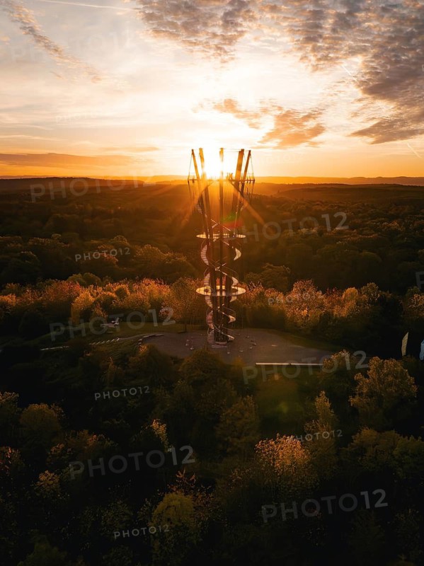 Aerial view of the Schönbuchturm in autumn forest at sunrise, Herrenberg, Germany