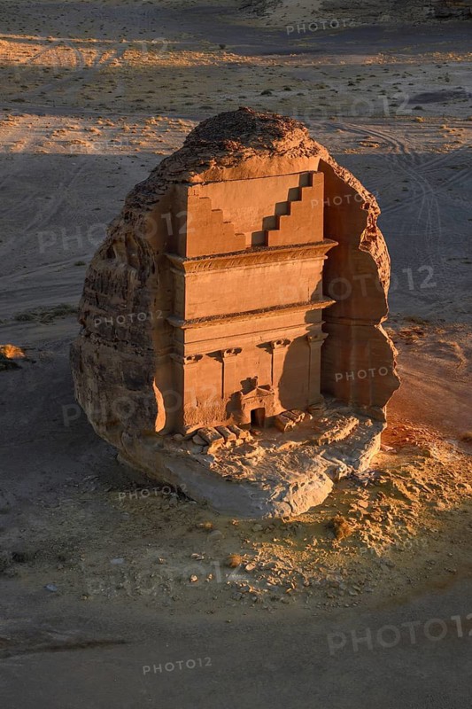 Qasr Al-Farid, 2000-year-old tomb of the Nabataeans, aerial view, Hegra or Madain Salih, AlUla region, Medina province, Saudi Arabia, Arabian Peninsula