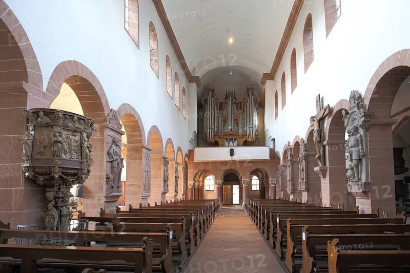 Romanesque Abbey Basilica of St. Peter and Alexander, pulpit, organ, interior view, Aschaffenburg, Spessart, Lower Franconia, Franconia, Bavaria, Germany