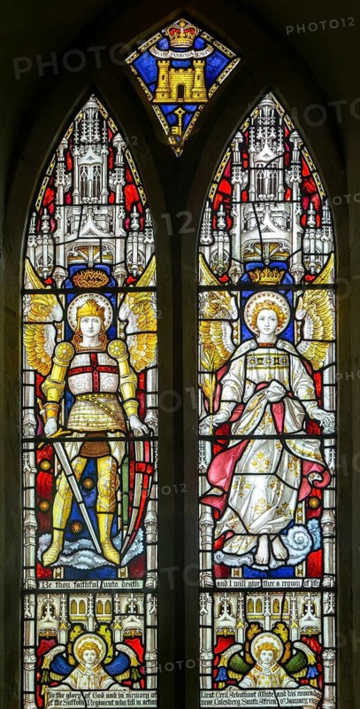 Stained glass window, Saint George and Angel, by Clayton and Bell, Boulge church, Suffolk, England, UK - Suffolk Regiment memorial battle of Colesberg, South Africa 1900