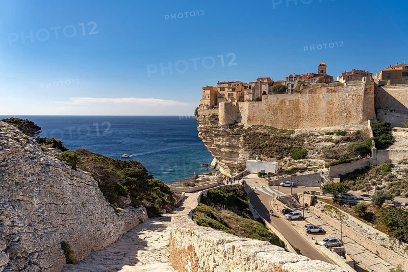 Old town and citadel of Bonifacio high above the sea on the cliffs, Bonifacio, Corsica, France