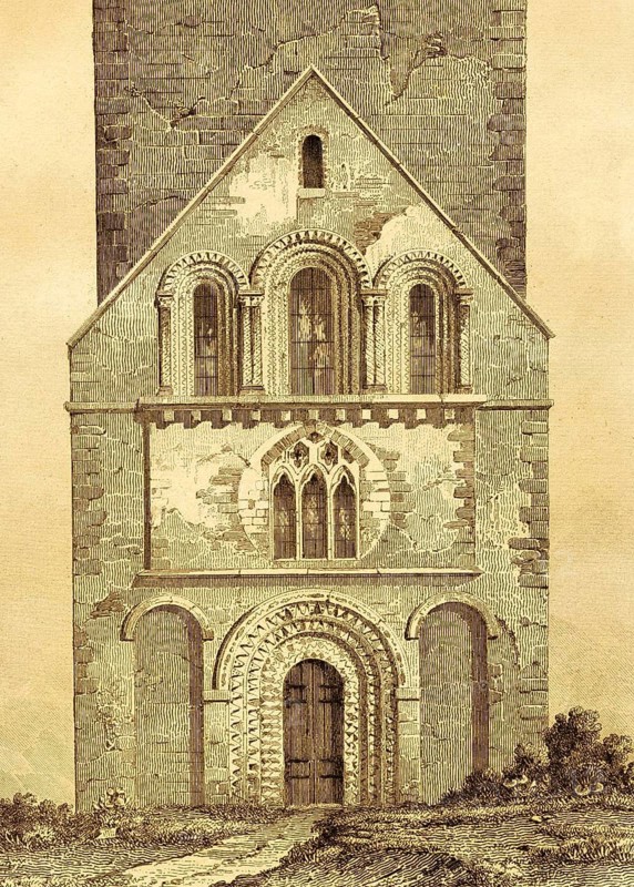 St Mary's parish church, entrance to the church in Iffley near Oxford, County Oxfordshire, 12th century, Norman period, historic landmark, east side, portal, narrow windows with leaded glazing, architecture, England, Great Britain, steel engraving, historical illustration 1842