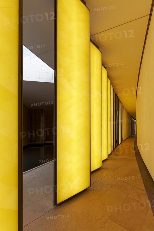 Fondation Louis Vuitton private museum, installation Inside he Horizon by Olafur Eliasson, yellow mirror columns, Bois de Boulogne, Paris, France