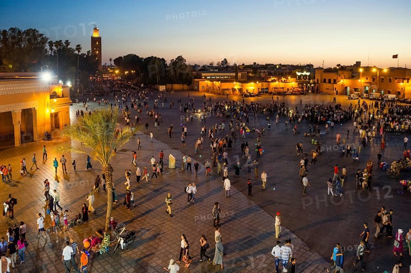 Place Djemma el-Fna, Gauklerplatz, UNESCO World Heritage Site, sunset, Marrakech, Morocco