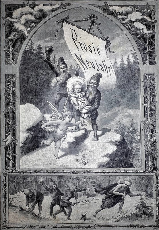 New Year's congratulations from 1897. The scene shows mythological figures such as dwarves and a putto, who greet the new year together, illustration, reproduction of a model from the 19th century. Authentic, file restored for optimal use, exact date of submission unknown, Historical, A child with angel wings at a wintry New Year's Eve party in the woods