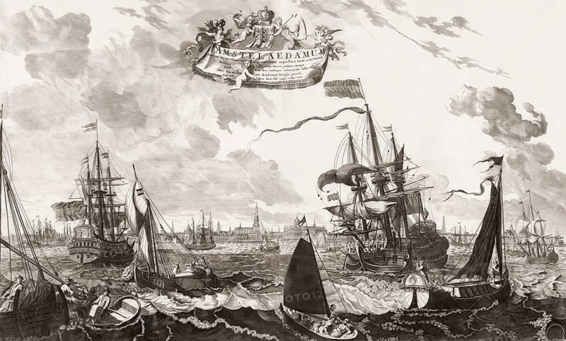 The Frigate of Peter the Great, Peter and Paul, panorama of the city of Amsterdam, 1698, digitally optimized