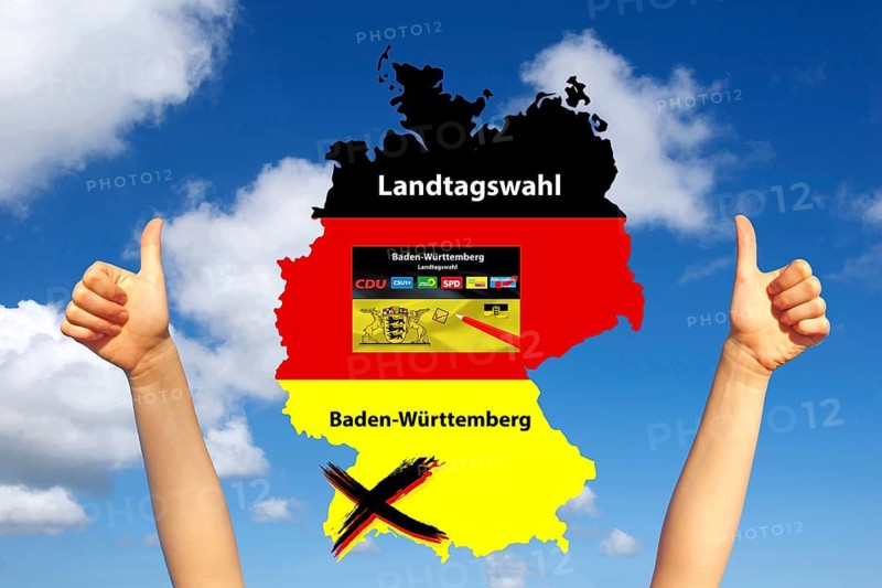 Parliament elections in Baden-Württemberg, thumbs up, confidence, country flag, map of Germany, studio shot, Lower Saxony, Federal Republic of Germany
