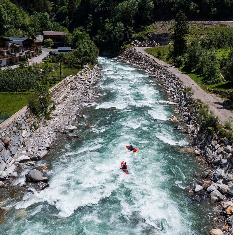 Drone shot, kayaker on the river Sanna, Pians, Tyrol, Austria