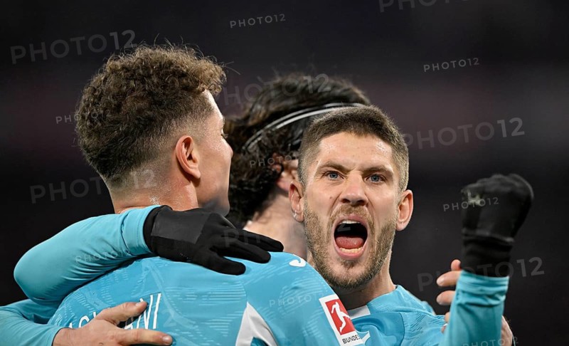 Goal celebration Andrej Kramaric TSG 1899 Hoffenheim (27) Gesture Gesture Fisnik Asllani TSG 1899 Hoffenheim (11) Soccer Bundesliga, Allianz Arena, Munich, Bavaria, Germany