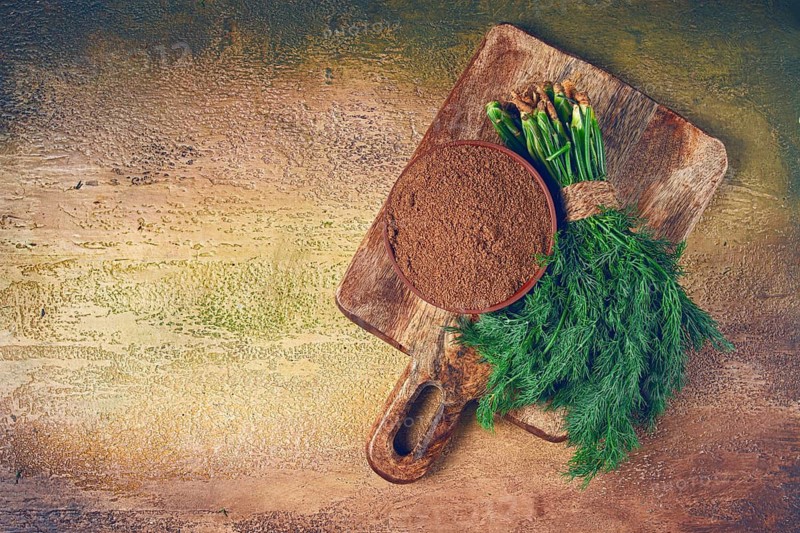 Dried dill, in a ceramic bowl, a bunch of fresh dill, seasoning, top view, no people
