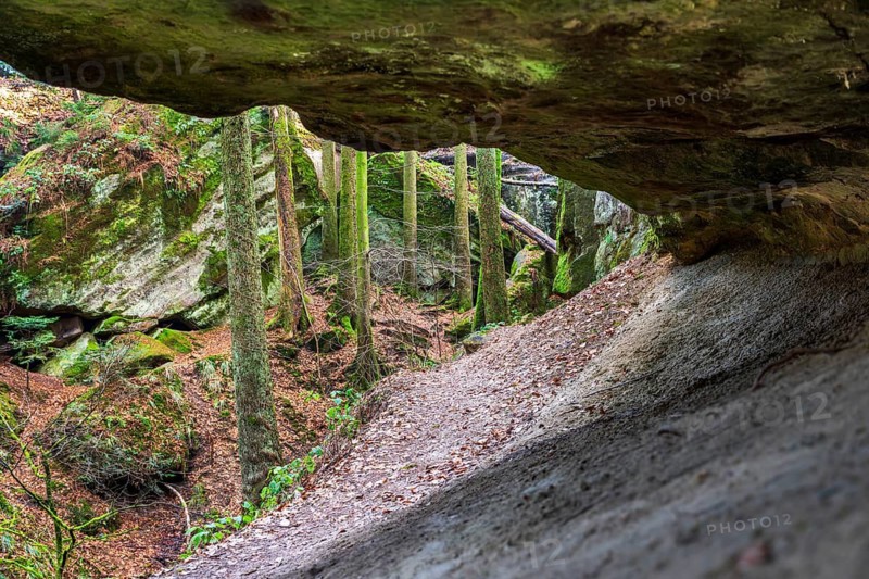 Winter atmosphere in the Hägeles- und Brunnenklinge nature reserve in the Swabian-Franconian Forest, Baden-Württemberg, Germany. Narrow forest path between striking rock formations, covered with moss, in a quiet protected low-mountain landscape. Ideal for nature and landscape imagery from southern Germany