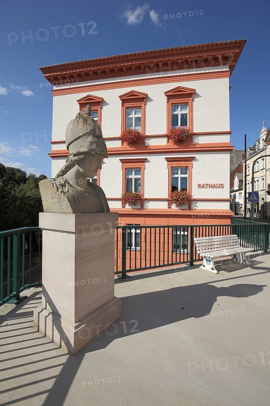 Monument to Athena Goddess of Wisdom, Greek Mythology, Stele with Bust, Town Hall, Weilburg, Taunus, Hesse, Germany