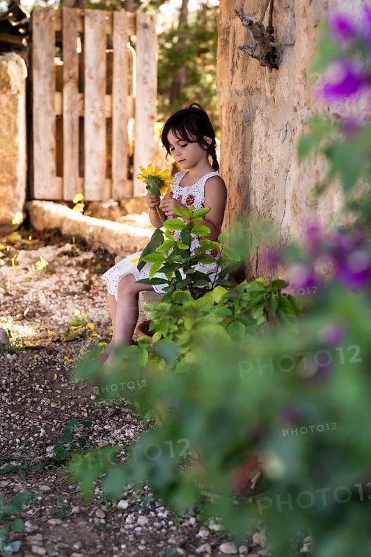 A young girl in a white dress admires a sunflower while sitting in a rustic outdoor garden. The scene captures innocence amid lush greenery and a sunny ambiance