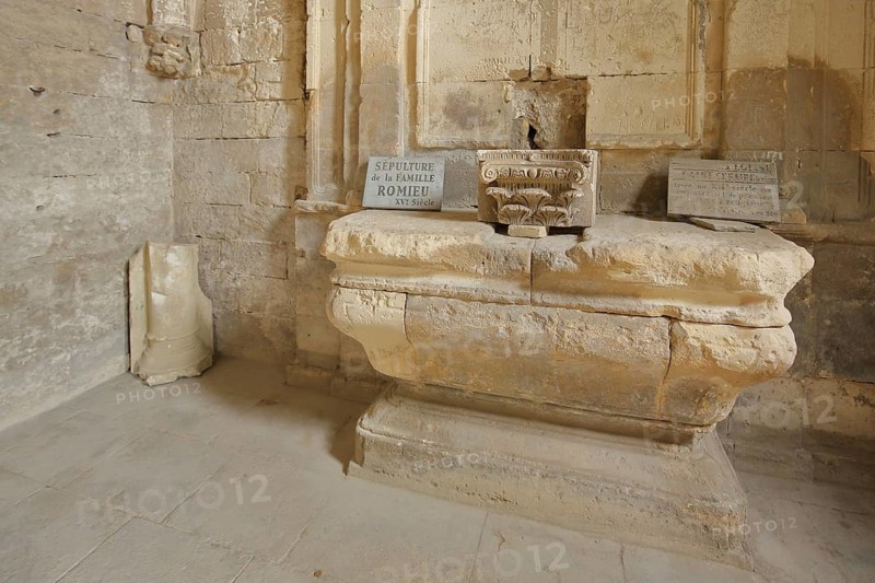 Stone altar in the chapel, Alyscamps, necropolis and ancient Romanesque cemetery, interior view, Arles, Bouches-du-Rhône, Camargue, Provence, France