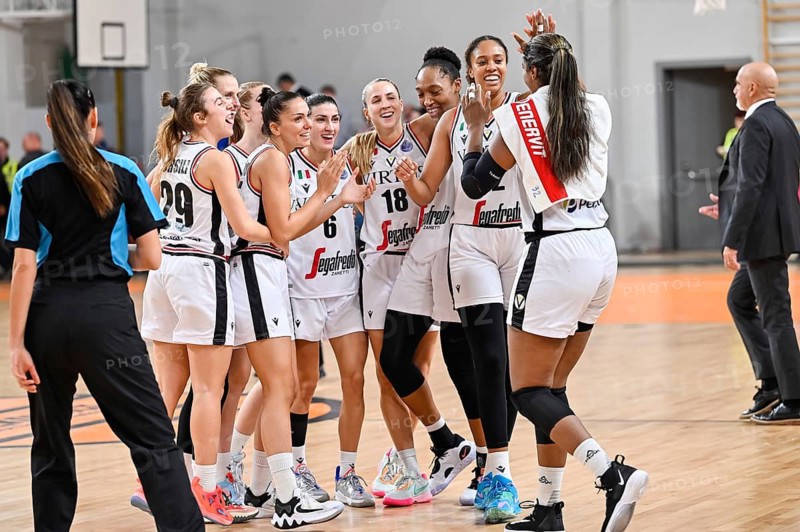 POLKOWICE, POLAND - NOVEMBER 9, 2022: Baskteball match EuroLeague Women between BC Polkowice - Virtus Segafredo Bologna. Joy team of Virtus after won the match.