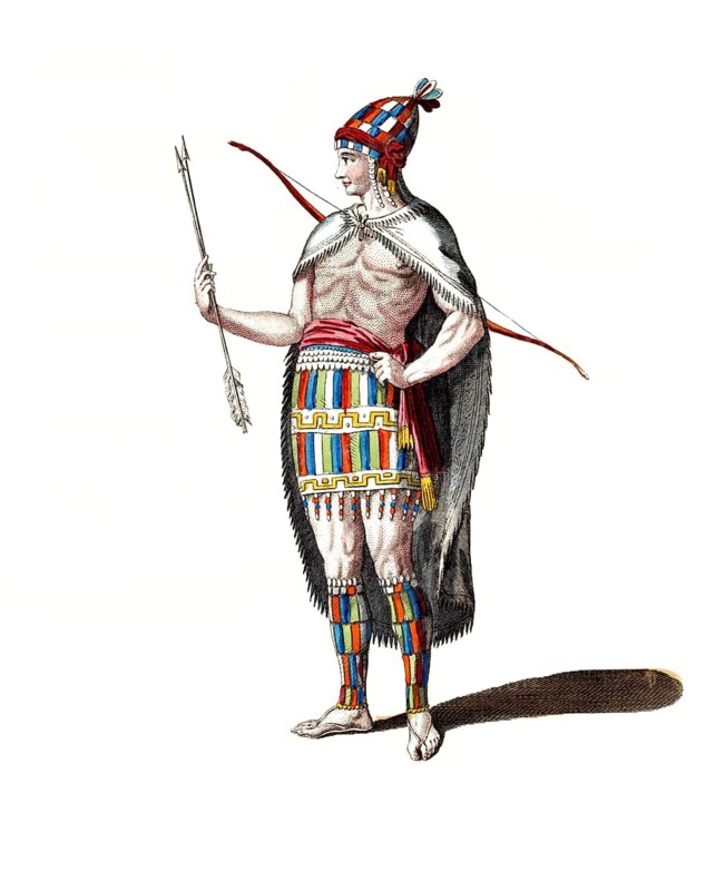 Historical clothing, fashion over the course of time, clothing style of an East Indian from 1581, digitally restored reproduction of a model from the 18th/19th century, exact date unknown, traditionally dressed warrior with spear and bow in colourful clothing and feathered hat