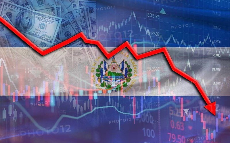 El Salvador financial fall on economy market. Salvadoran financial crisis on economic graph