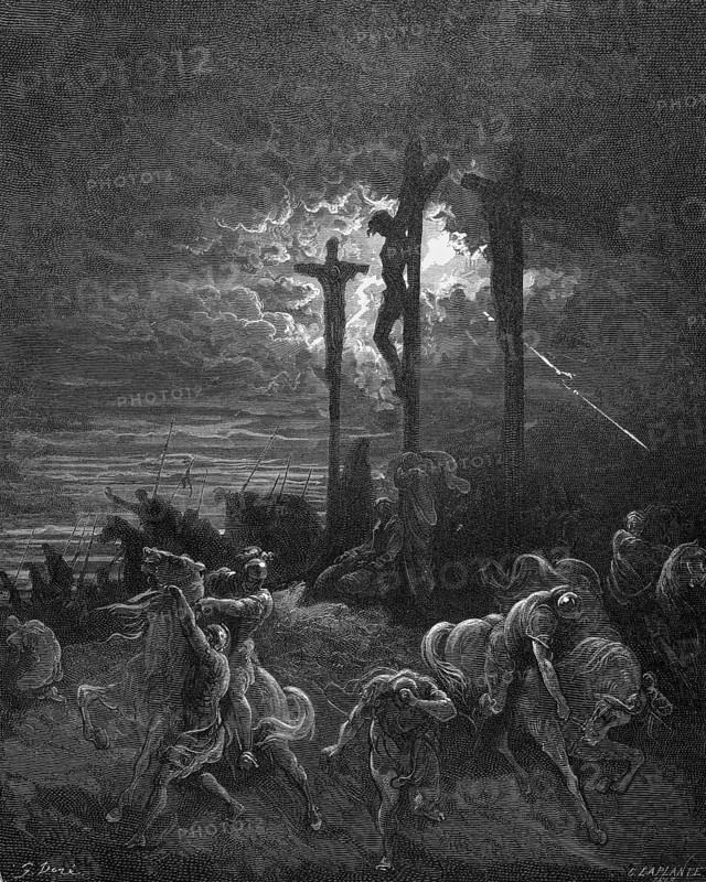 Darkness, Jesus dies, Luke chapter 23, verse 45, crucifixion, ray of light, three crosses, Roman captain, soldiers flee, rider, sky, darkness, criminal, Christian religion, Bible, New Testament, steel engraving Doré, historical illustration 1885