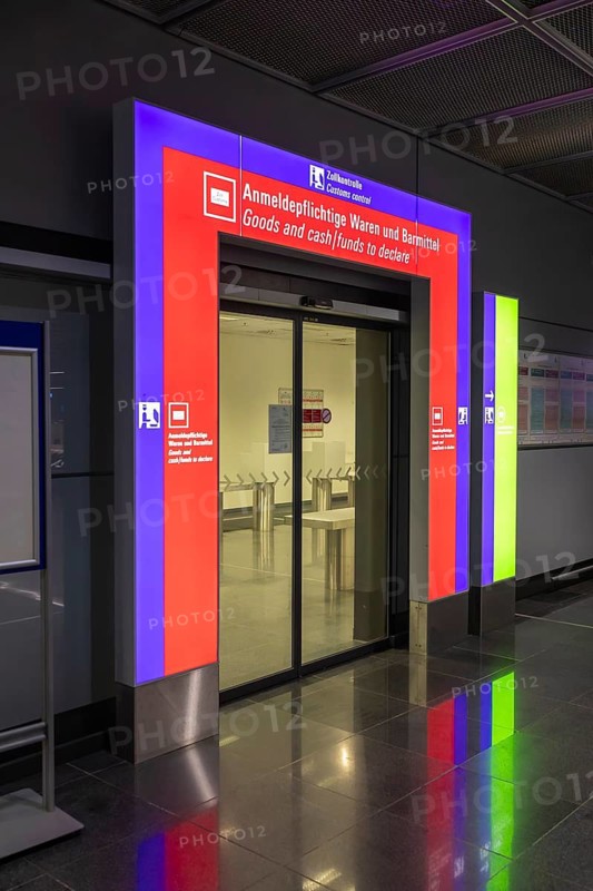12.03.2026 entrance to customs declaration area for goods and cash at airport terminal, passenger control zone at Frankfurt Airport, Hesse, Germany
