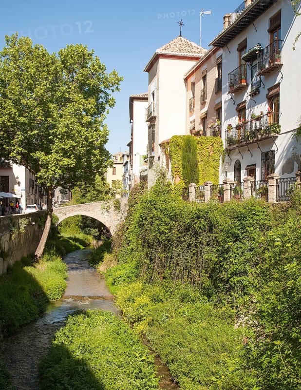 Historic stone bridge crossing the River Rio Darro, Granada, Spain