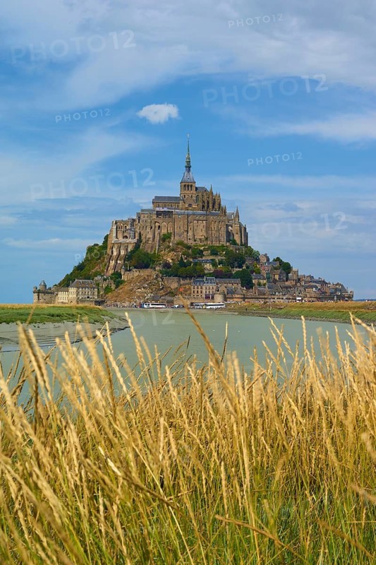 Picturesque view of Mont Saint-Michel on an island with medieval architecture, summer, Le Mont-Saint-Michel, Brittany, Normandy, France