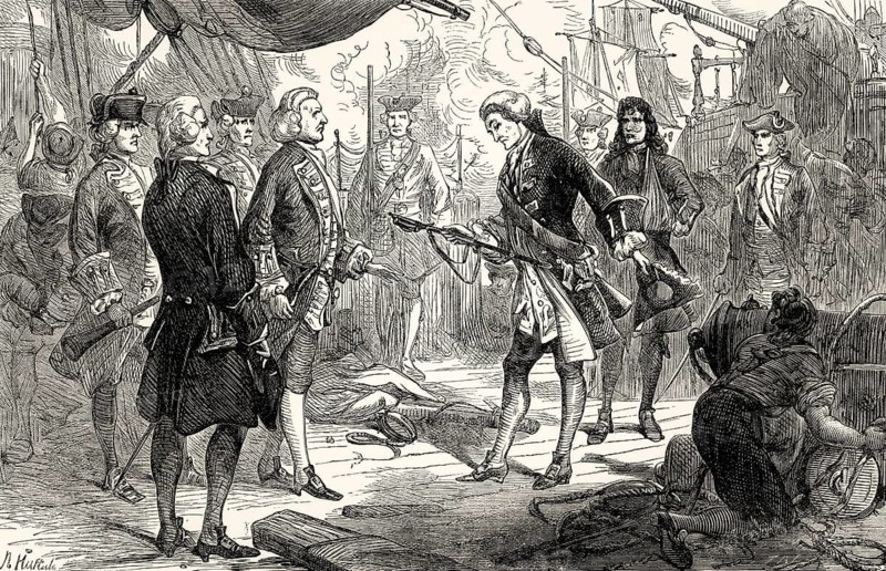 Chevalier de Saint-George of Invincible surrenders his sword to Admiral Anson after the First Battle of Cape Finisterre on14 May 1747