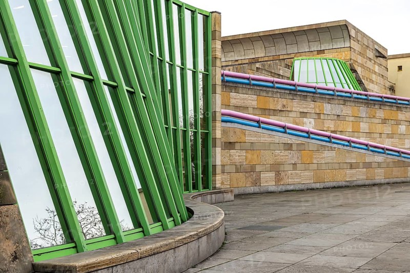 New State Gallery Stuttgart. The extension by James Stirling opened in 1984, the post-modern Neue Staatsgalerie, is considered a masterpiece of this architectural style in Germany. Stuttgart, Baden-Württemberg, Germany