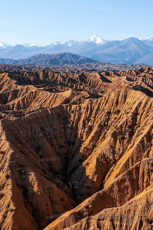 Landscape of eroded hills, white peaks of the Tien Shan Mountains in the background, Badlands, Canyon of the Forgotten Rivers, Issyk Kul, Kyrgyzstan