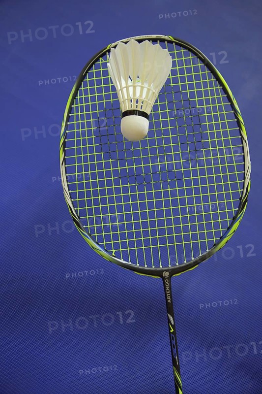Badminton racket with shuttlecock, sport, badminton, sports equipment, racket, blue, white, studio shot