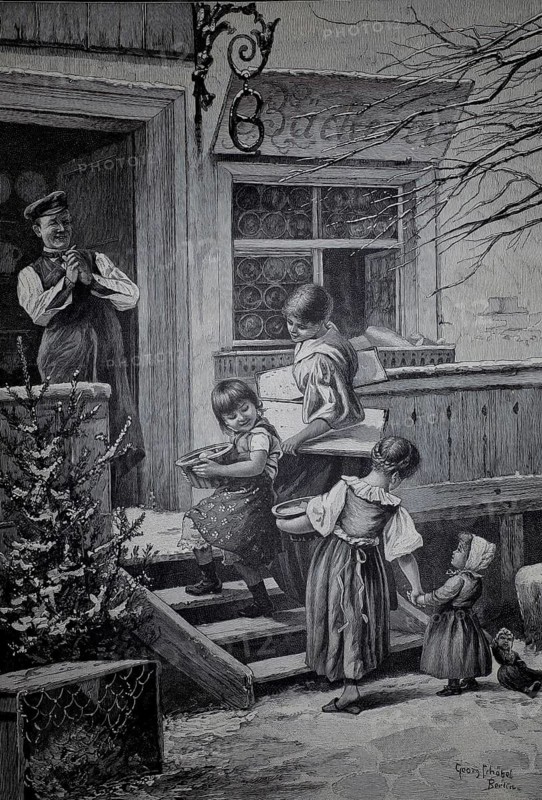 Christmas cake, the family brings the dough and cake sheets to the bakery to bake the cake, the master baker gladly catches them, 1890, illustration, reproduction from a model from the 19th century. Authentic, file restored for optimal use, exact date of submission unknown, historic, children on a porch receive Christmas gifts from a smiling man