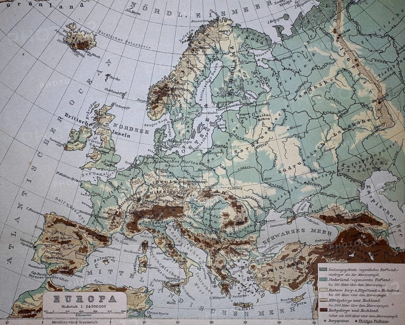 Map from 1890, elevation map of Europe, illustration, reproduction from a model from the 19th century. Authentic, file restored for optimal use, exact date of original unknown, historical, historical map showing Europe with political borders, topographic details and color-coded areas