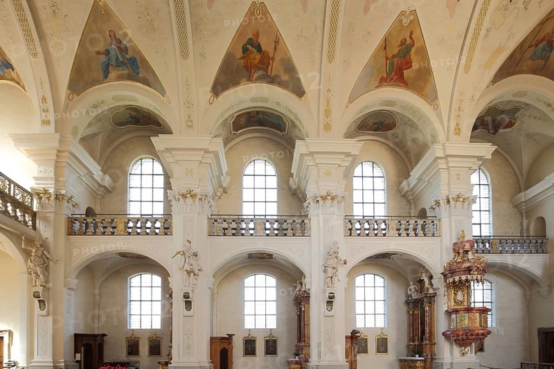 Pulpit, gallery and frescoes of the Baroque monastery church, columns, interior view, ceiling paintings, decorations, wall paintings, handicrafts, St. Peter, Upper Black Forest, Southern Black Forest, Black Forest, Baden-Württemberg, Germany