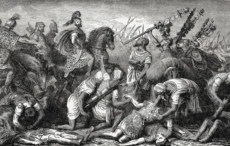 Hannibal's soldiers collecting gold rings from the Roman corpses after the Battle of Cannae, Second Punic War