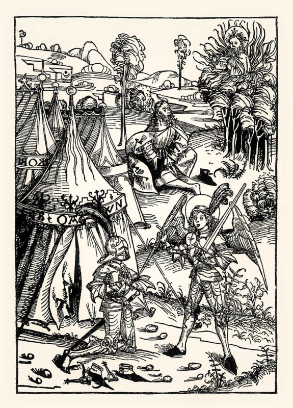 Woodcut, Michael Wolgemut, 1491, Joshua and the Angel, God's Call to Moses, Anton Koberger, Der Schatzbehalter oder Schrein der waren reichtümer des heils, digitally restored