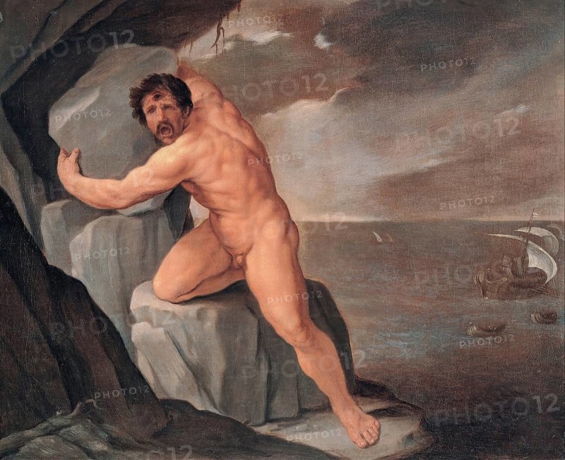 Painting, Reproduction of the painting, Work of art, Historical, Guido Reni, called il Guido or il divino Guido (b. 4 November 1575 in Bologna, d. 18. August 1642) Italian painter, fresco artist and etcher of the Bolognese school, main representative of a baroque classicism in painting, here the work:, Polyphemus (between 1639 and 1640), Polyphemus (between 1639 and 1640), Man clinging to rocks in a stormy sea, expression of fear