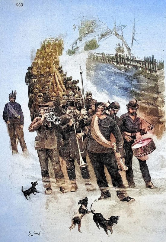 Fire brigade parade in 1889, here in Herrnskretschen, today Hrensko, Czech Republic, Historic, digitally restored reproduction of an original 19th century pattern, exact original date unknown